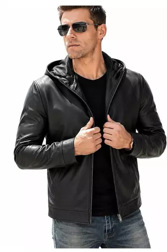 Men's black leather riding jacket motorcycle hoodies style