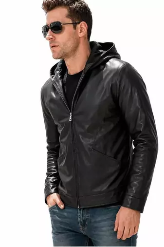 Men's black leather riding jacket motorcycle hoodies style