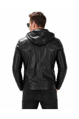 Men's black leather riding jacket motorcycle hoodies style 4
