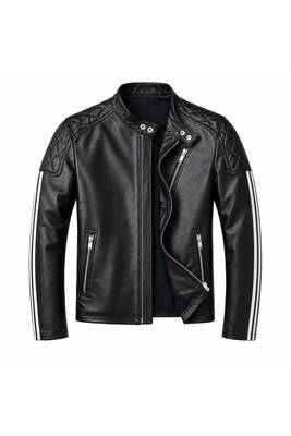 Men's black leather riding minimal design white strip jacket 1
