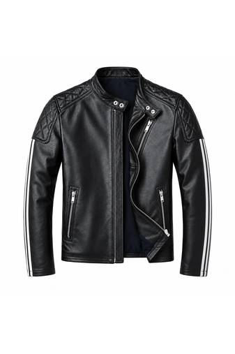 Men's black leather riding minimal design white strip jacket