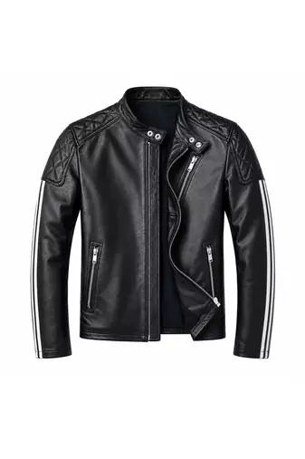 Men's black leather riding minimal design white strip jacket
