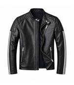 Men's black leather riding minimal design white strip jacket