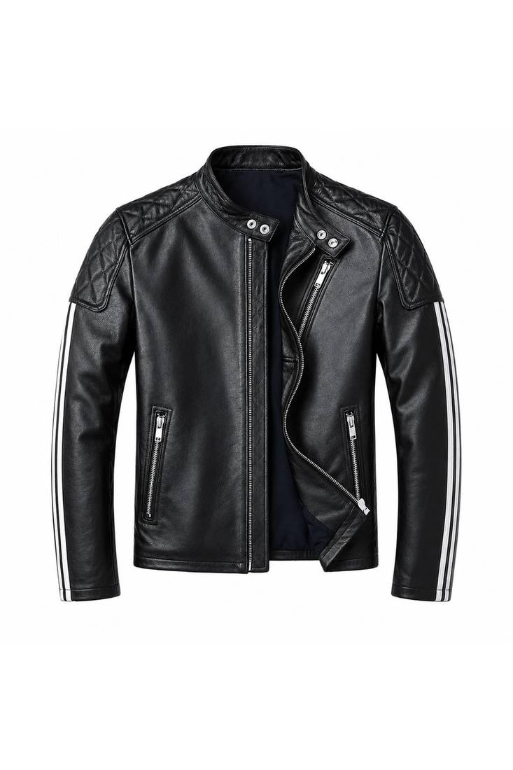 Men's black leather riding minimal design white strip jacket