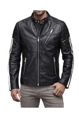 Men's black leather riding minimal design white strip jacket 2