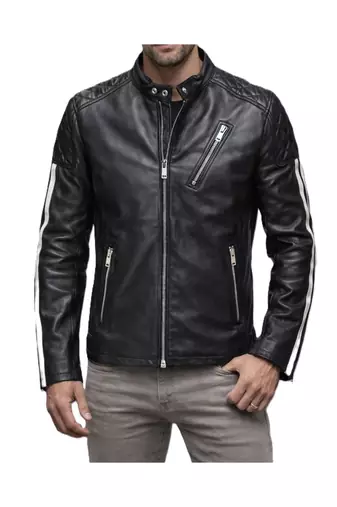 Men's black leather riding minimal design white strip jacket