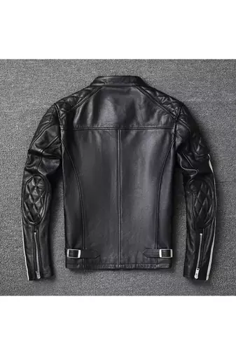 Men's black leather riding minimal design white strip jacket