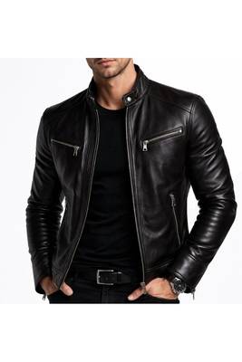 Men's black genuine leather smart casual quilted riding jacket 1