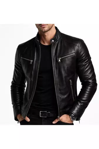 Men's black genuine leather smart casual quilted riding jacket