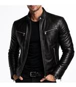 Men's black genuine leather smart casual quilted riding jacket