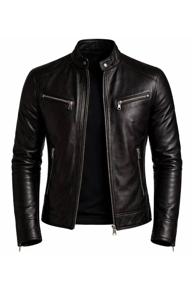 Men's black genuine leather smart casual quilted riding jacket