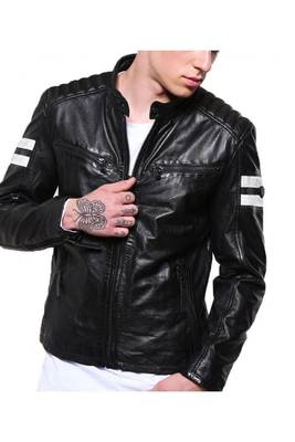 Men's black lambskin leather riding jacket white strip designer style 1