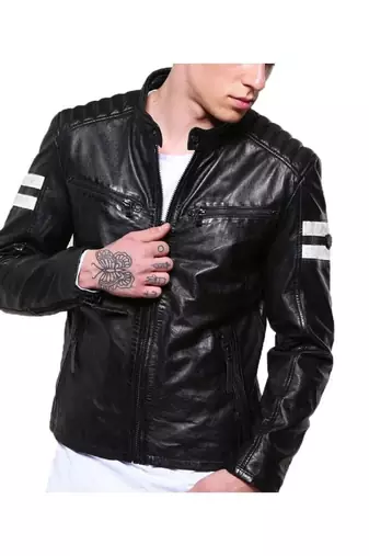 Men's black lambskin leather riding jacket white strip designer style