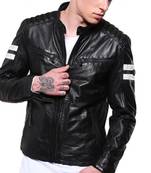Men's black lambskin leather riding jacket white strip designer style