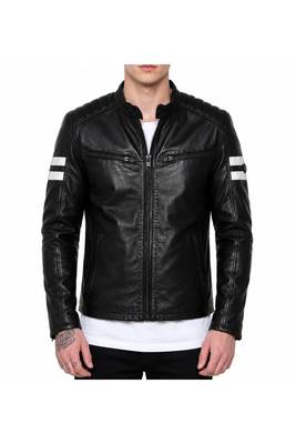 Men's black lambskin leather riding jacket white strip designer style 2