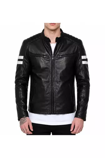 Men's black lambskin leather riding jacket white strip designer style
