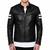 Men's black lambskin leather riding jacket white strip designer style