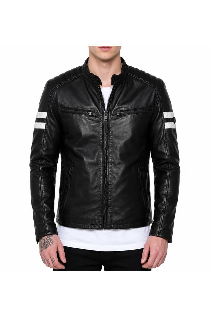 Men's black lambskin leather riding jacket white strip designer style