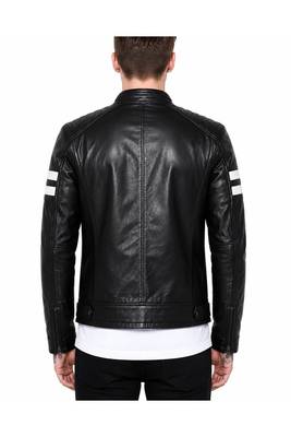 Men's black lambskin leather riding jacket white strip designer style 3
