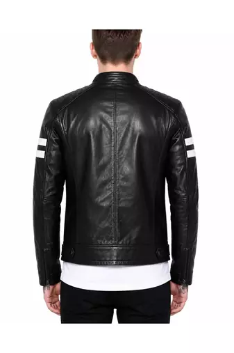 Men's black lambskin leather riding jacket white strip designer style