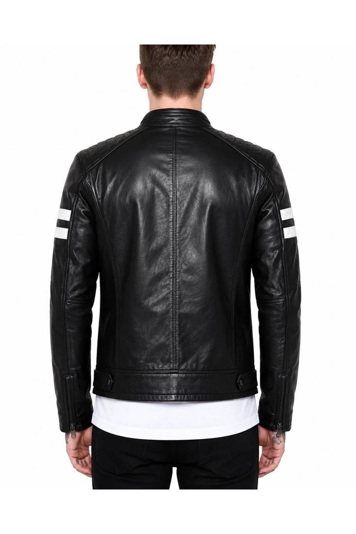 Men's black lambskin leather riding jacket white strip designer style