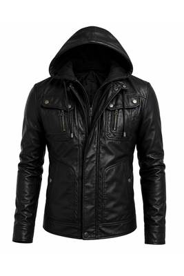 Men's black lambskin leather biker jacket signature look hoodies 1