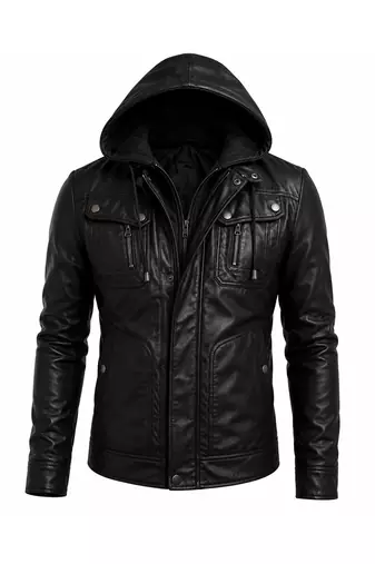 Men's black lambskin leather biker jacket signature look hoodies
