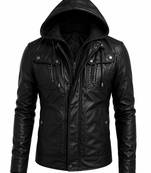 Men's black lambskin leather biker jacket signature look hoodies