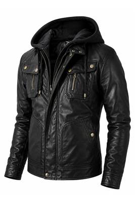 Men's black lambskin leather biker jacket signature look hoodies 2