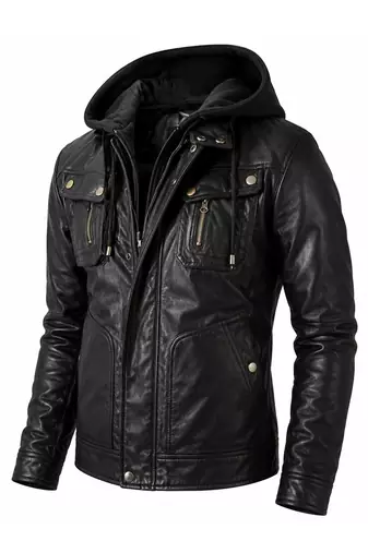 Men's black lambskin leather biker jacket signature look hoodies