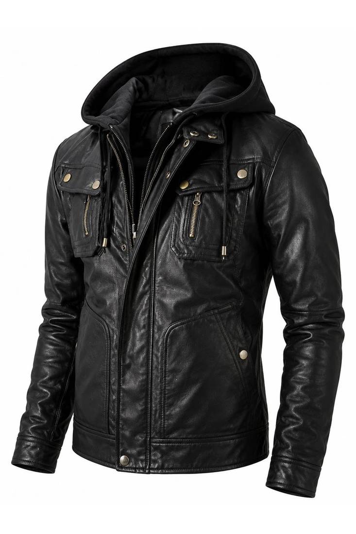 Men's black lambskin leather biker jacket signature look hoodies