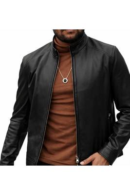 Men's black leather outerwear classic design biker jacket 1