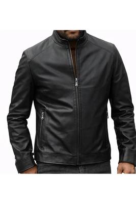 Men's black leather outerwear classic design biker jacket 2