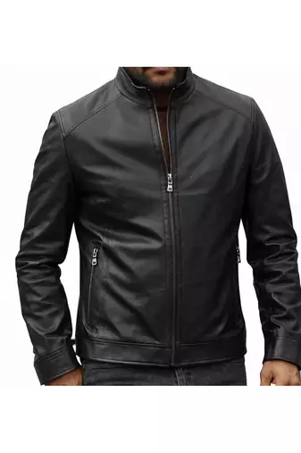 Men's black leather outerwear classic design biker jacket