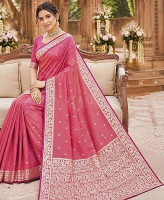 Pink soft silk blend saree with zari weaving meenakari design 3