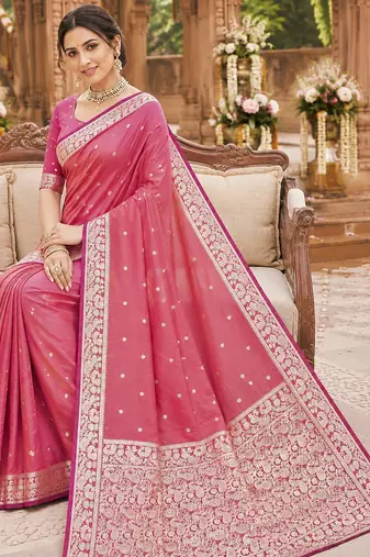 Pink soft silk blend saree with zari weaving meenakari design