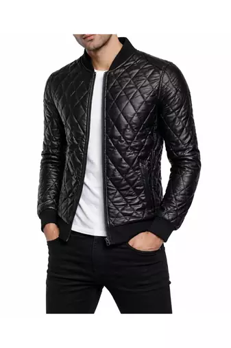 Men's black leather outerwear premium finish quilted jacket