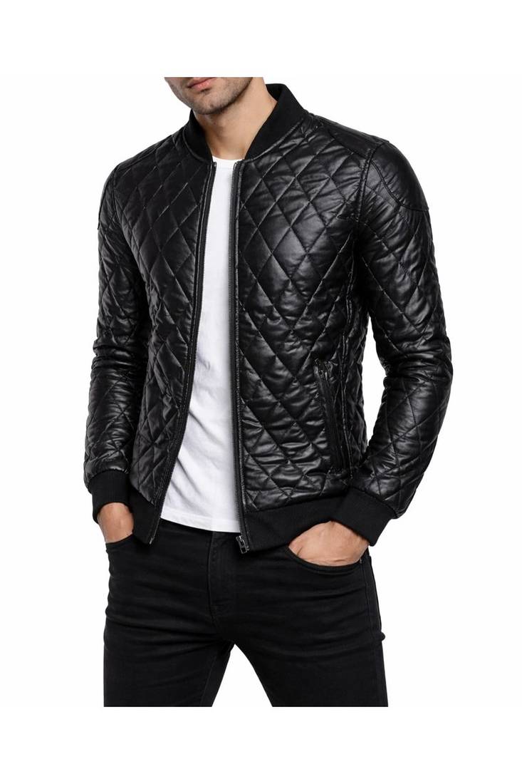 Men's black leather outerwear premium finish quilted jacket