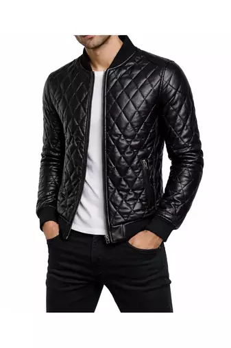 Men's black leather outerwear premium finish quilted jacket