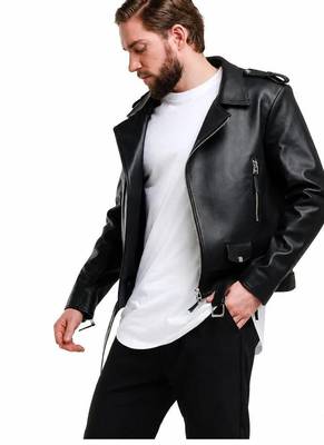 Men's black leather outerwear everyday wear belted biker jacket 1