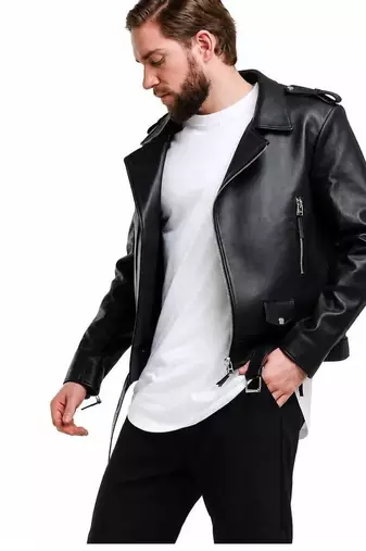 Men's black leather outerwear everyday wear belted biker jacket
