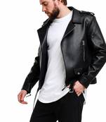 Men's black leather outerwear everyday wear belted biker jacket
