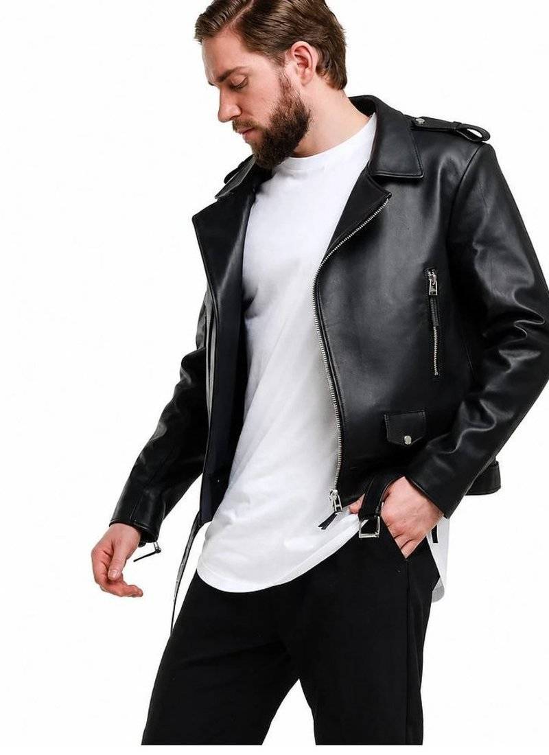 Men's black leather outerwear everyday wear belted biker jacket