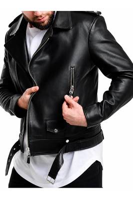 Men's black leather outerwear everyday wear belted biker jacket 2