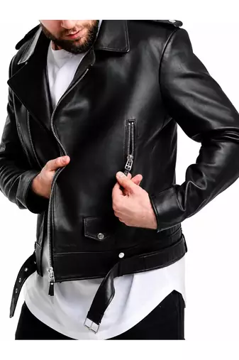 Men's black leather outerwear everyday wear belted biker jacket