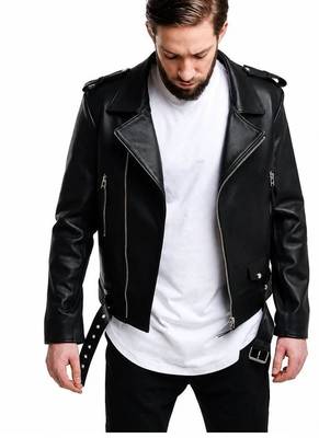 Men's black leather outerwear everyday wear belted biker jacket 3