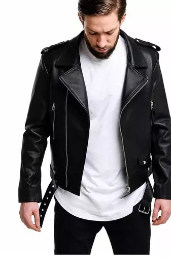 Men's black leather outerwear everyday wear belted biker jacket