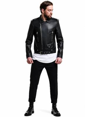 Men's black leather outerwear everyday wear belted biker jacket 4