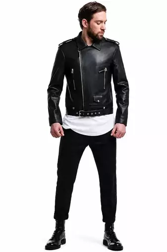 Men's black leather outerwear everyday wear belted biker jacket