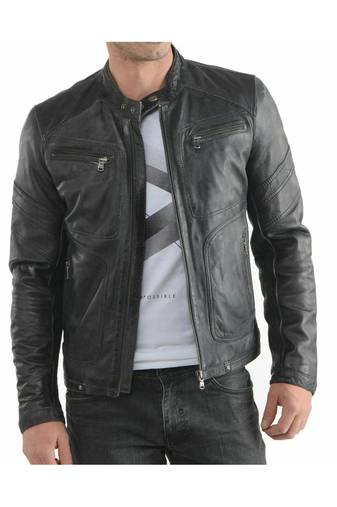 Men's black leather outerwear vintage style biker jacket